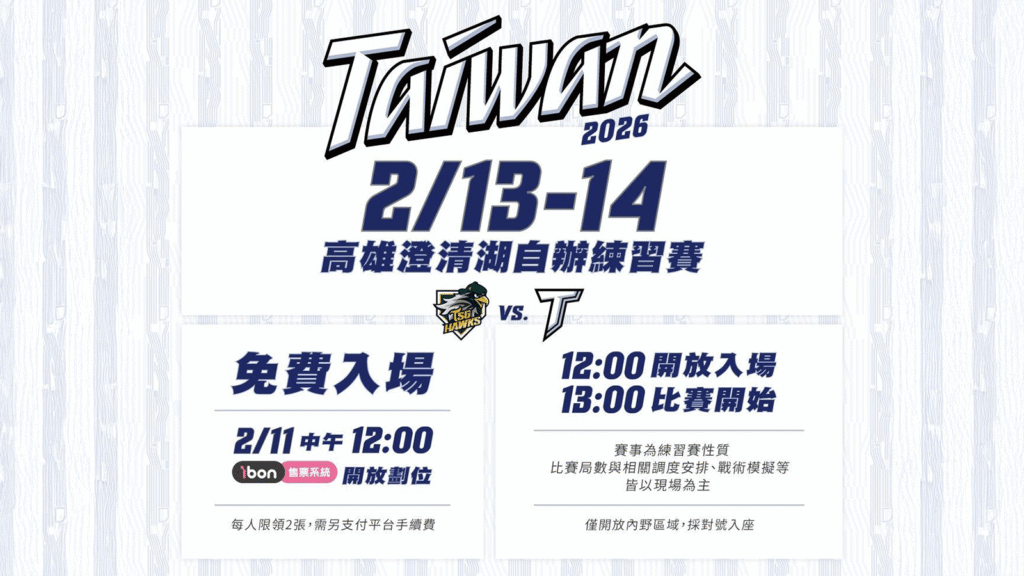 【WBC 热身赛】本周中华队自办练习赛高雄免费入场！2/11 中午开放划位